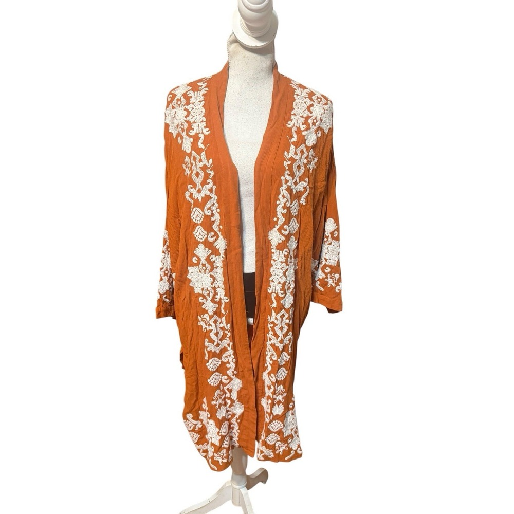 CHICO'S BURNISHED CLAY EMBROIDERED DRAMA KIMONO COVERING RUANA TOP JACKET S/M